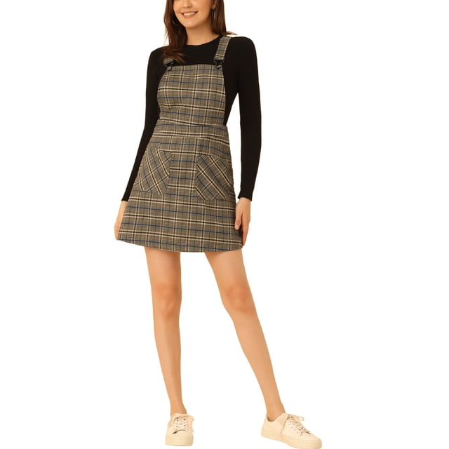 INSPIRE CHIC Robe Salopette à Carreaux pour Femme de Rentrée Scolaire à Bretelles Ajustables m Bleu Abricot