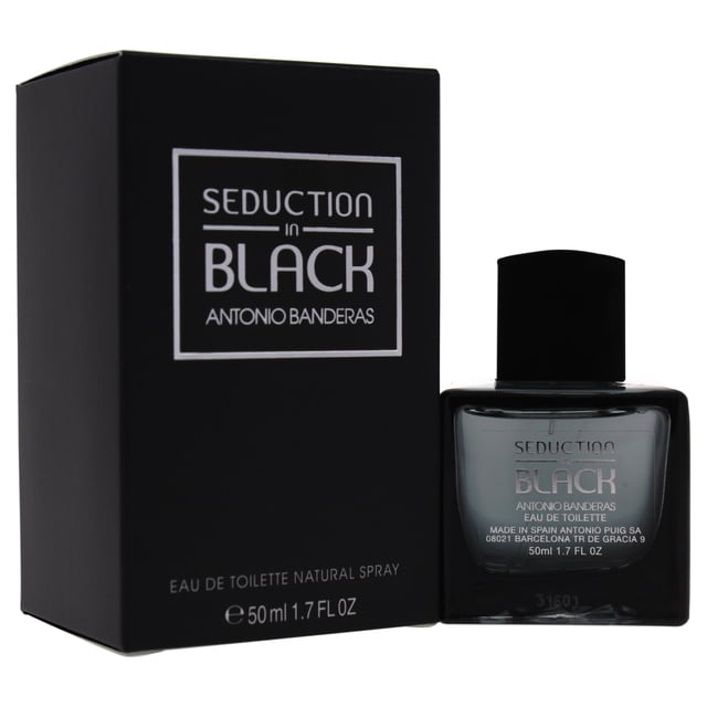 Seduction In Black by Antonio Banderas for Men - 1.7 oz EDT Spray. A men's cologne with a woody oriental fragrance featuring bergamot, black currant, coriander, cardamom, and nutmeg notes. The image shows the sleek black bottle with matching packaging, emphasizing its elegant design.