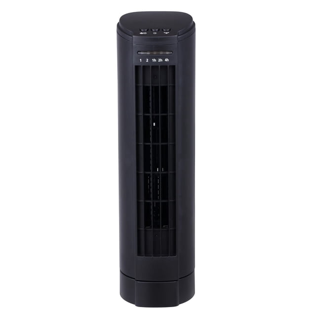 MAINSTAYS 15" Tower Fan in black with a slim, compact vertical design featuring a front grille, three control buttons on top for power, oscillation, and timer with 1, 2, and 4-hour settings, suitable for floor or desk use and quiet air circulation.