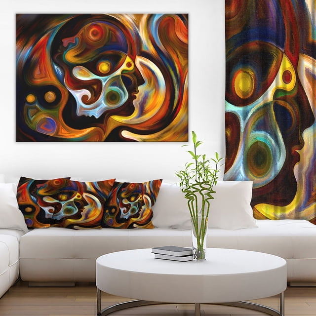 Design Art Perspectives of Inner Paint Canvas Print depicting an abstract human face profile in swirling warm tones of orange, red, blue, and yellow on gallery wrapped cotton canvas with a 1-inch wood frame, ready to hang, displayed above a white sofa with matching decorative pillows and a round white coffee table, suitable for enhancing modern home or office wall décor.