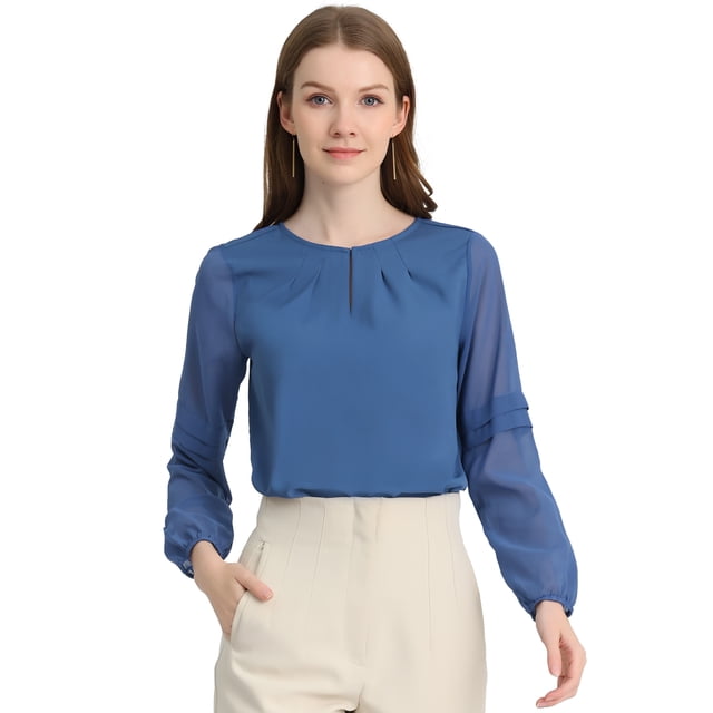 INSPIRE CHIC Women's Work Office Long Sleeves Keyhole Neck Elegant Blouse Top