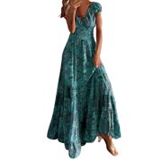 Kcodviy Women Short Sleeve Elegant Maxi Dresses for Women Casual Summer Evening Dress Flower A Deep V Dress Line Boho Skirt Casual Dress Maxi Dress Party Dress