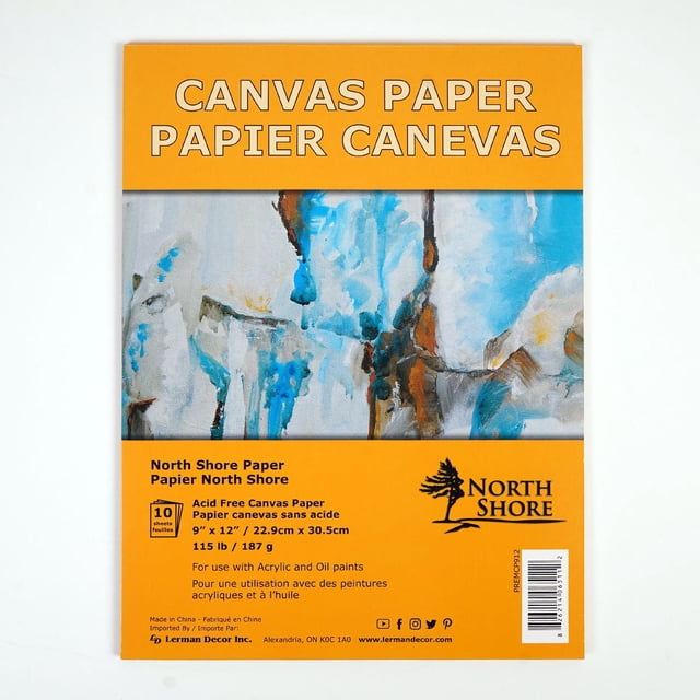 North Shore Bloc-notes en Toile 9 X 12 Pouces avec 10 Feuilles de Papier Lourd Sans Acide de 115 lb Présentant une surface Résistante à Pression à Froid, Idéal pour les techniques d'Acrylique, d'Huile et d'Aquarelle, Montré avec des Oeuvres Abstraites Bleu et Brun sur la Couverture et un Emballage orange Vif avec Texte Bilingue.