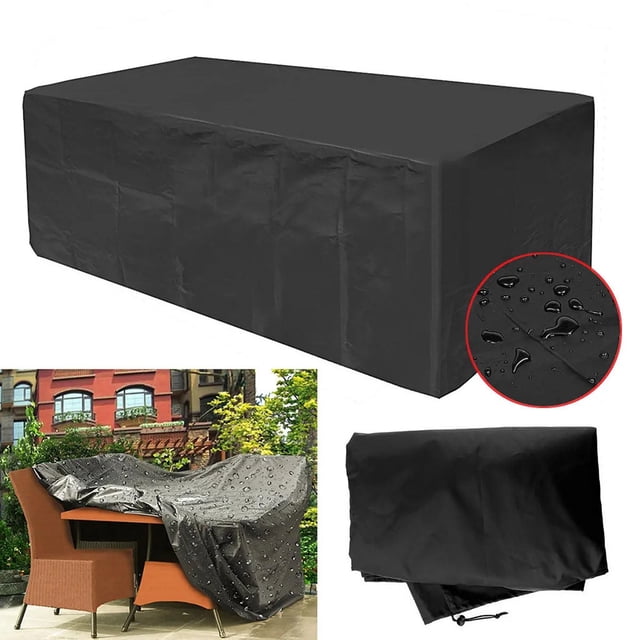 CQCYD Outdoor Table Cover, a black rectangular waterproof patio furniture protector made of durable 420D polyester fabric. Features include UV resistance, windproof elastic hem with a one-click closure strap, and a tear-resistant design. Suitable for rectangular or oval dining tables and standard chairs, measuring 150 x 90 x 75 cm. The cover is shown in use on a patio table and folded for storage, with a close-up highlighting its water-repellent surface.
