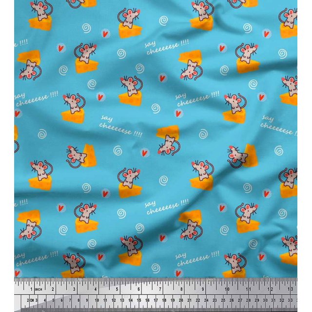 Soimoi Tissu Popeline de Coton Bleu Imprimé Tranches de Fromage & Rats pour Enfants, Largeur 42 Pouces