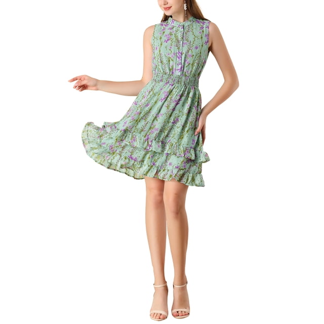 INSPIRE CHIC Robes en Mousseline pour Femmes CHIC à Smocks Robe Mini Trapèze Sans Manches à Fleurs S Vert
