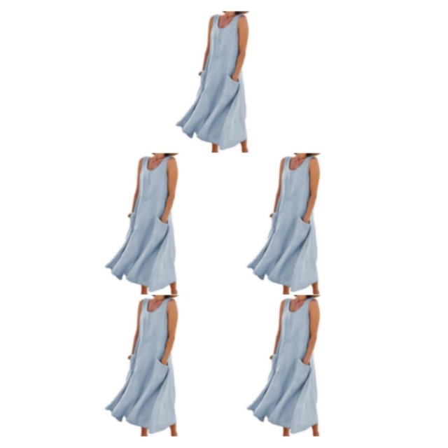 pitrice Femmes Été Coton Lin Robe Sans Manches Col Rond Boho Vintage Style Plage Couleur Unie en Vrac Kaftan Porter Tous les Jours Bleu Ciel / XL 5Set