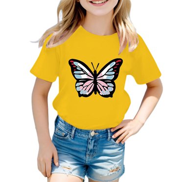 GPOECD Girls Summer Casual Cute Graphic Print Round Neck Short Sleeve Tee Shirt Top Yellow,3-4 Years