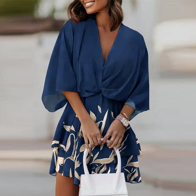Robe Courte à Imprimé Floral pour Femmes, Plissée, Col en V, Cordon de Serrage, Taille Élastique, à Volants, Superposée, Robe Courte