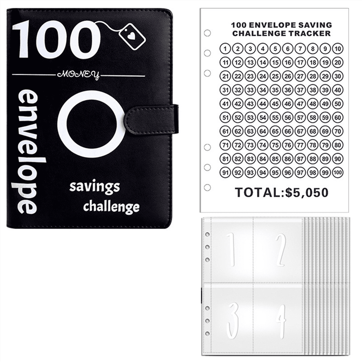 100 Envelopes Money Saving Challenge, 100 Envelope Challenge Binder, Money Saving Binder, Budget Book (Black)