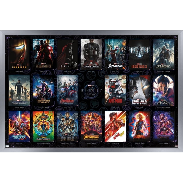 Marvel Avengers: The Infinity Saga - One Sheet Grid Wall Poster, 22.375" x 34" Framed displaying a grid of 21 Marvel movie posters from the Infinity Saga series, including Iron Man, Thor, Captain America, Avengers, Guardians of the Galaxy, Ant-Man, Doctor Strange, Black Panther, Captain Marvel, and Avengers: Endgame, each with release dates from May 2008 to April 2019, set on a dark background with subtle Marvel iconography.
