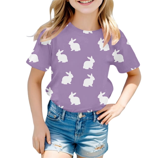PMVFHDE Tenue de Pâques pour Filles T-Shirt Graphique de Pâques / Imprimé Lapin & Œuf Manches Courtes Col Rond / Tee-Shirt en Coton Doux pour Tout-Petit / Tenue Décontractée Printemps Été Violet, 6-7 Ans