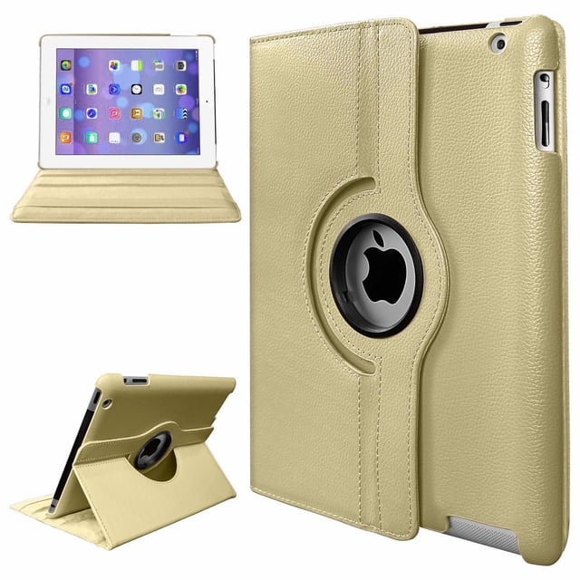 PST iPad Air 1 / Air 2 / iPad 5th 6th Gen. 9.7" Rotation Case, a 360-degree rotating PU leather stand smart case cover in beige. Designed for full-body protection, it features a shockproof hard back, soft microfiber lining to prevent scratches, and an elastic band for secure closure. Perfect cutouts ensure easy access to ports, jacks, and the camera. Suitable for use as a tablet stand, it is displayed in both closed and stand positions, highlighting its versatile functionality.