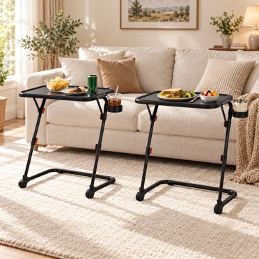 Homy Casa Folding TV Dinner Tray Tables Set of 2, Height Adjustable Snack Tables with Cup Holders for Sofa and Living Room, Black