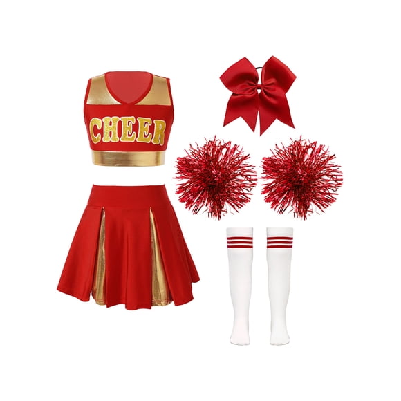 Jelory Costume de Cheerleader pour Filles, Uniforme de Cheerleading d'Halloween, Sans Manches, Haut de Danse avec Jupe, Pompon, Rouge 6