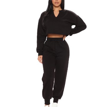 Yuyuzo Ensemble 2 Pcs pour Femme Survêtement d'Entraînement Haut Court à Manches Longues à Col en V Pantalon Jogger à Cordon Ensemble de Survêtement avec Poches Noir