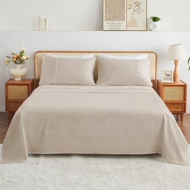 Kingrest Ensemble de Draps Complet 100 % Coton - 4 Pcs Draps Légers et Rafraîchissants, Poche Profonde de 16 Pouces, Literie Percale Respirante, Draps de Luxe Doux et Durables (Lin)