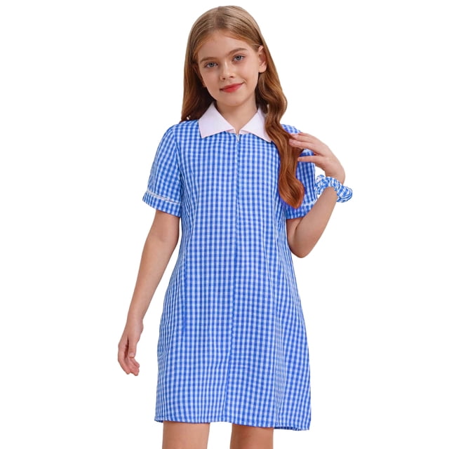 inhzoy Robe d'Été Décontractée pour Filles, à Fermeture Éclair, Manches Courtes, à Carreaux Vichy, Robe d'Uniforme Scolaire avec Ensemble de Chouchous pour Cheveux, Bleu 16