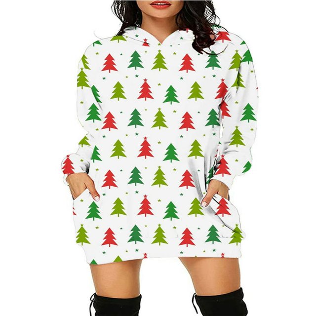 Ladies‘ Christmas Hoodie with Long Sleeves and Cartoon Print featuring Pockets