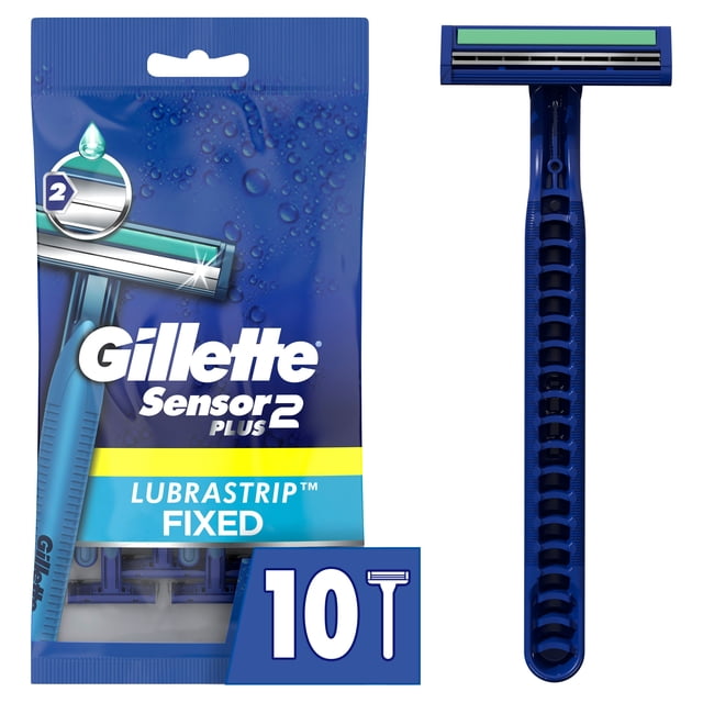 Gillette Sensor2 Plus Men’s Disposable Razors pack of 10 featuring fixed non-pivoting heads, twin chromium-coated blades, water-activated aloe lubrastrip, and soft ultragrip blue handles for controlled, comfortable shaving.