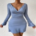 thumbnail image 2 of Solid Color Flare Long Sleeve V-Neck Tie Back Bodycon Dress for Women, 2 of 9