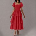 thumbnail image 4 of yoeyez Robes d'Été pour Femmes à Manches Courtes Volantées, Encolure Carrée, Robe Midi Smockée, à Étages, Plage, Vacances, Fluide, Coupe Trapèze, Rouge, m, 4 of 7