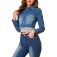 thumbnail image 4 of INSPIRE CHIC Veste en Denim Courte Délavée pour Femme à Col Rabattu, Effilochée, Boutonnée, Printemps Été, Bleu Foncé, TG, 4 of 6