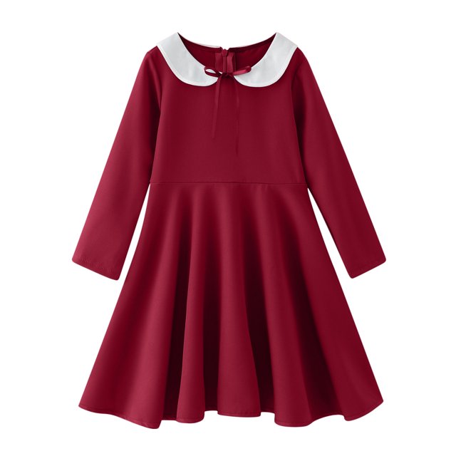 Dresses For Girls Spring Summer Print Ruffle Long Sleeve Solid Casual Girls Dress Red 2-3 Years