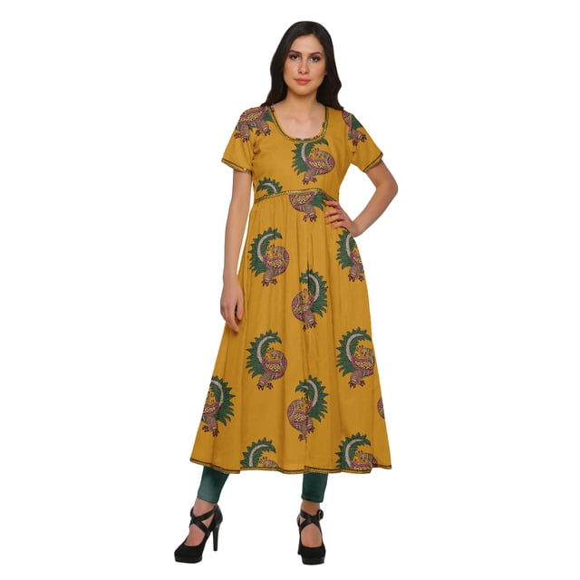 Moomaya Printed Front Slit Dresses For Women Short Sleeve Kurti Summer Wear