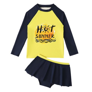 MEZZALL Girls' Long Sleeve 2PCS Swimsuit Sets Swimwear Summer Letter Print Swim Dress & Rash Guard Beach Swimwear For Toddler To Big Kids 3-4 Years Versatile Baby Swim Wear