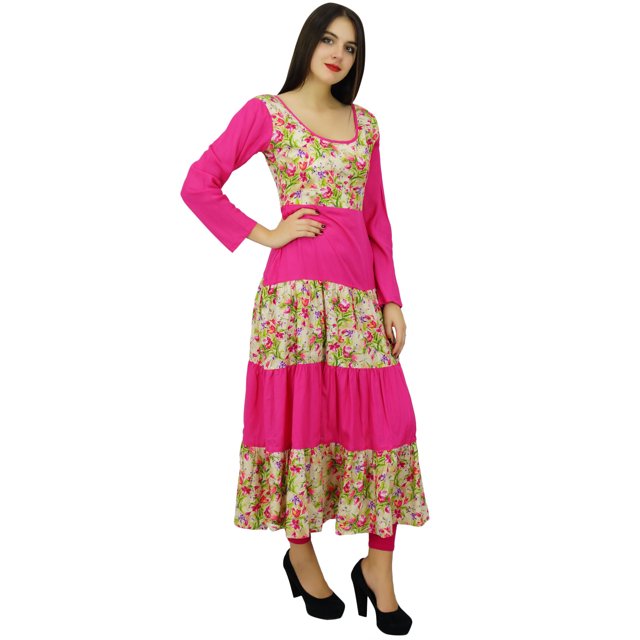 Bimba Kurti Longue en Coton pour Femmes Rose Kurta pour Dames à Manches Longues Robe Imprimée à Motif Floral