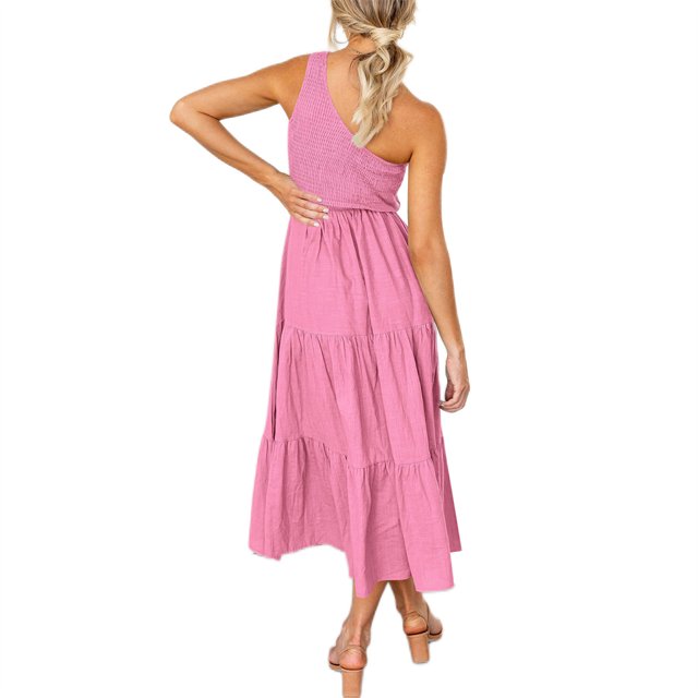 Robe Longue Femme Décontractée Plissée Midi Fête Danse Plage Vacances Bureau Mode Été Rose m