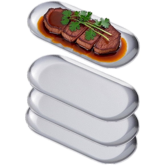 Assiettes d'Apéritif ellipse 8,5 X 3,7 Po, Assiettes de Souper en Acier Inoxydable Épaisses, Assiettes à Pâtes et Desserts pour Sushi, Fruits, Allant au Four/lave-Vaisselle, Ensemble de 4, Argent