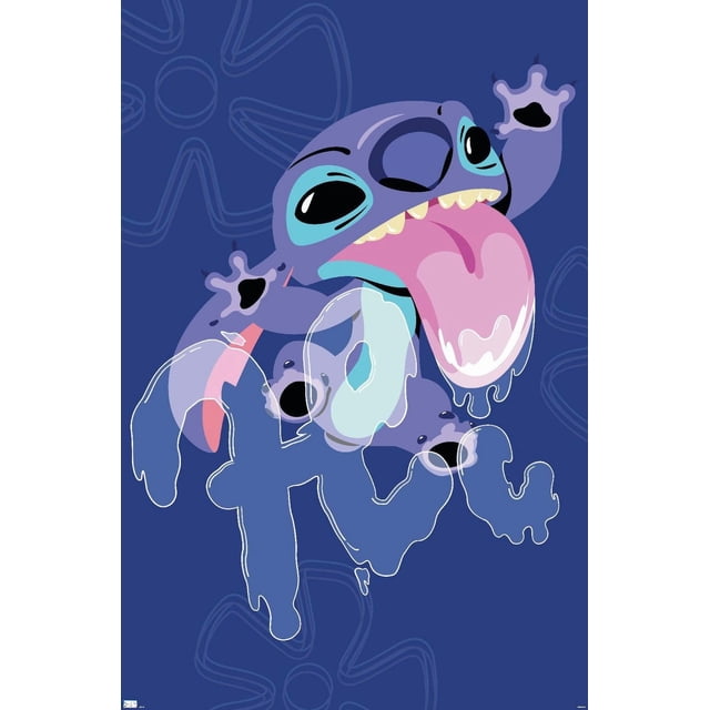 Disney Lilo And Stitch - Affiche Murale Slobber Hi Mettant en Vedette un Dessin Animé de Stitch avec une Grande Langue Rose et de la Bave, Installée sur un Fond Bleu Foncé avec de Subtils Motifs de Fleurs et le Mot « Aloha » en Police Dégoulinante, Imprimée sur Papier d'Art photo Brillant, Format 22,375 Pouces x 34 Pouces, Convient pour Décorer des Chambres, des Résidences Étudiantes Ou des Bureaux.