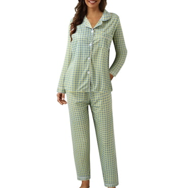 2025 Femmes Décontracté Col à Revers Bouton Ensembles de Pyjama pour Femmes Pêche Carreaux Imprimé Deux Femmes Tenue de Nuit Pièce Manches Longues Pyjamas Femmes Deux Pièces Pyjamas