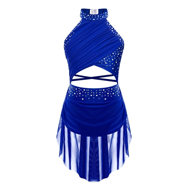 inhzoy Robe de Patinage Artistique pour Filles Sans Manches Ballet Lyrique Contemporaine Robe de Danse Tenue de Danse Bleu 16