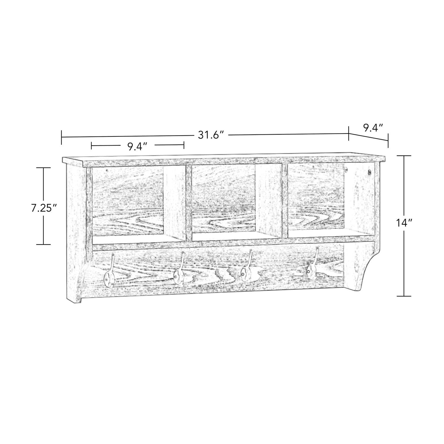 RiverRidge® Home Woodbury Collection 14-inch H x 31.63-inch W x 9.38-inch D Wall Shelf with Cubbies and Hooks in Weathered Wood