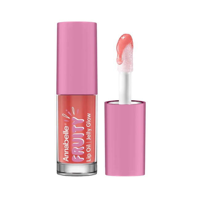 Annabelle Fruity Lip Oil, Strawberry, with pink cap removed showing a plush applicator coated in coral-tinted hydrating lip oil inside a clear tube, designed for long-lasting hydration and a high shine finish.