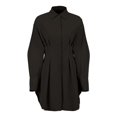 thumbnail image 3 of Robe T-Shirt Mini à Manches Longues Boutonnée pour Femme, Col à Revers, Plissée Évasée, Courte, Noire, P, 3 of 9