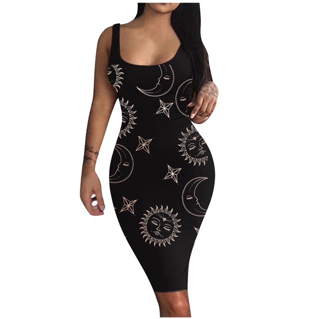 Fridja Robe Débardeur à Imprimé pour Femme à Col Rond Sans Manches Basique Midi Robe de Boîte de Nuit