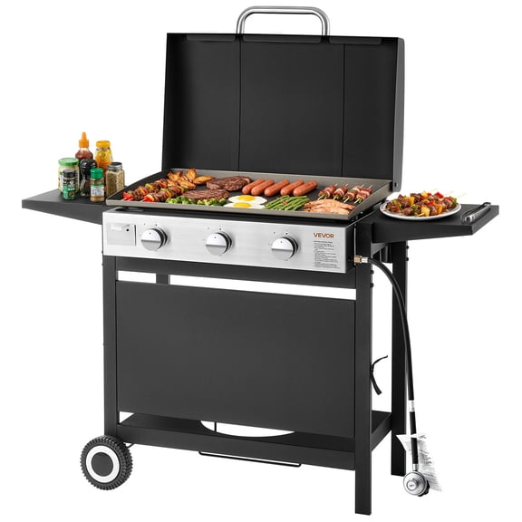 VEVOR Gas Griddle, 3-Burner Flat Top Grill, Propane Griddle with Wheels, Lid, 3 x 11000 BTU Outdoor Flat Top Grills for Pan-Frying, Grilling, Stir-Frying