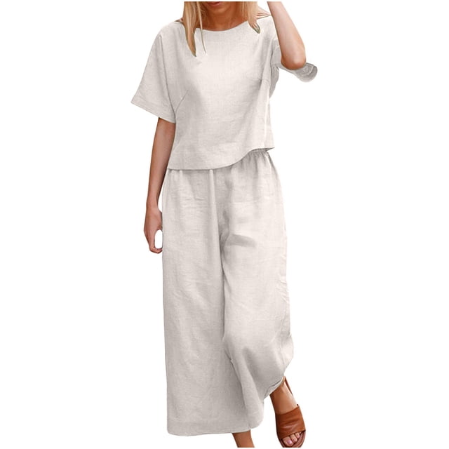Womens Pants Suit Round Neck Short Sleeve Solid Color Tops Wide Leg Pants Ladies Summer Casual Pants Set