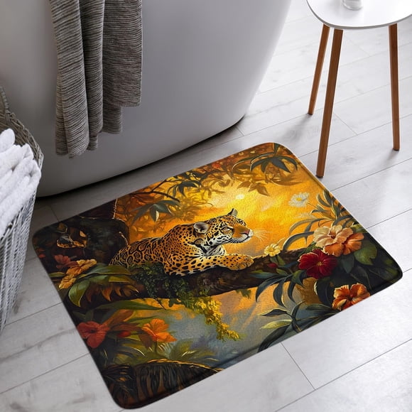 YSATNSFT Tapis de Bain Léopard Guépard Jungle Tropicale Animal Faune Nature Sauvages Tapis de Sol pour Salle de Bain Baignoire Paillasson Décoration de Toilette, 18 x 30 Po