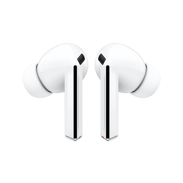 Samsung Galaxy Buds3 Pro true wireless earbuds in a sleek white finish, featuring a redesigned ergonomic shape for a snug fit. The earbuds showcase a glossy exterior with black accents on the speaker grilles and intuitive touch controls. Designed for immersive audio, they include features like Automatic Noise Adjustment, Adaptive Equalizer, and Real-Time Interpreter. The image highlights the earbuds' compact and modern design, suitable for all-day comfort.