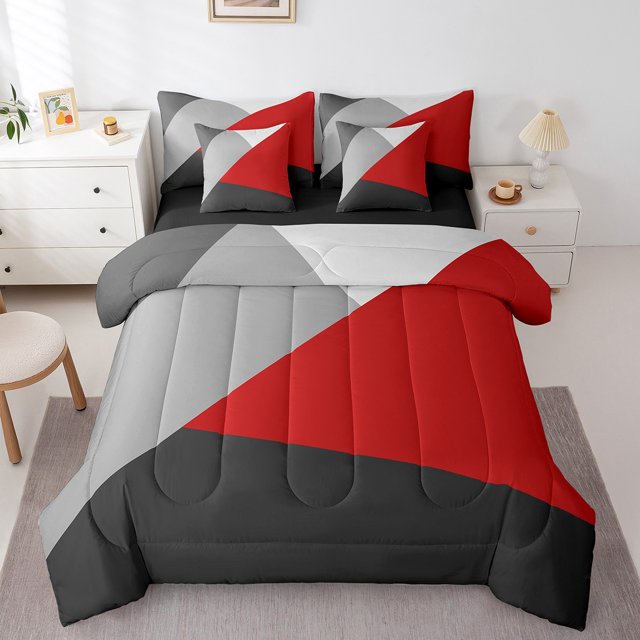 YST Red Black Gray Twin 7 Piece Comforter Set With Sheets For Boys Patchwork Geometric Bed In A Bag For Kids Teen,Simple Triangle Bedding Set Modern Geometry Bed Set Bedroom Decor