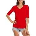 thumbnail image 2 of LOVZFMLL Women's T-Shirts V Neck Half Sleeve Solid Color Casual Basic Tees Spring Summer Clothes Outfits Going Out Tops Red 5XL, 2 of 6