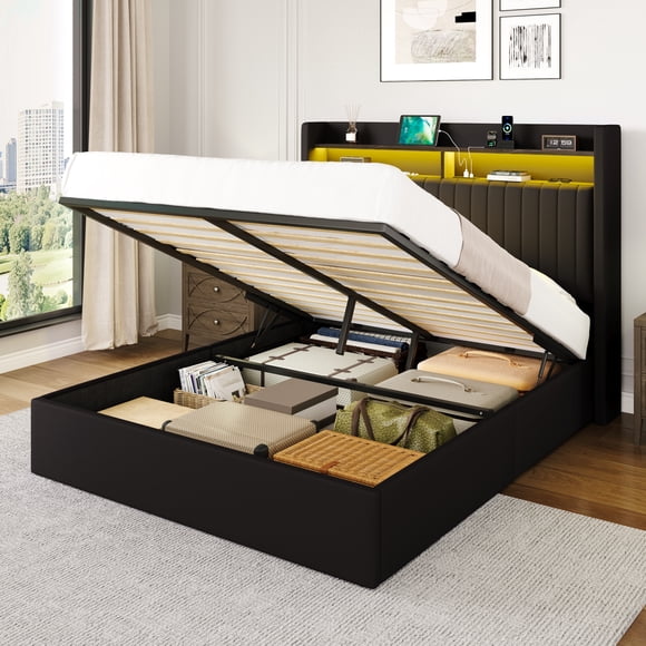 Amolife Queen Hydraulic Lift-Up Storage Bed Frame, LED Headboard with Fast Charging (USB/Type-C), 2-Tier Shelves & Velvet Upholstered, Black