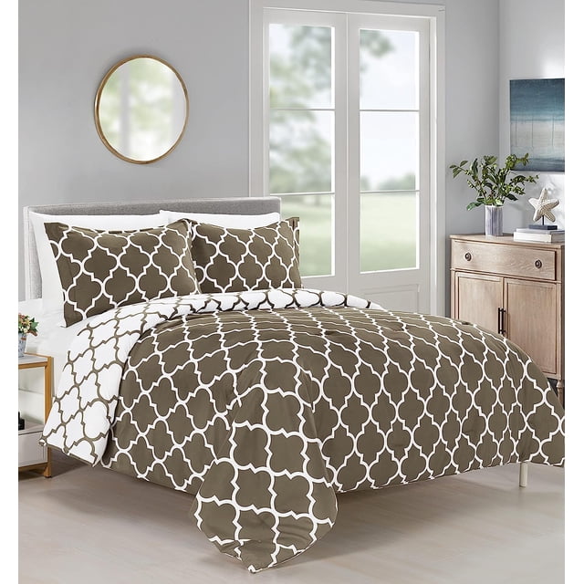 Ensemble de Douillette Réversible 3 Pcs à Imprimé Trèfle - Matériau Doux et Moelleux de Poids Moyen, Format Très Grand/California Très Grand, Gris/blanc