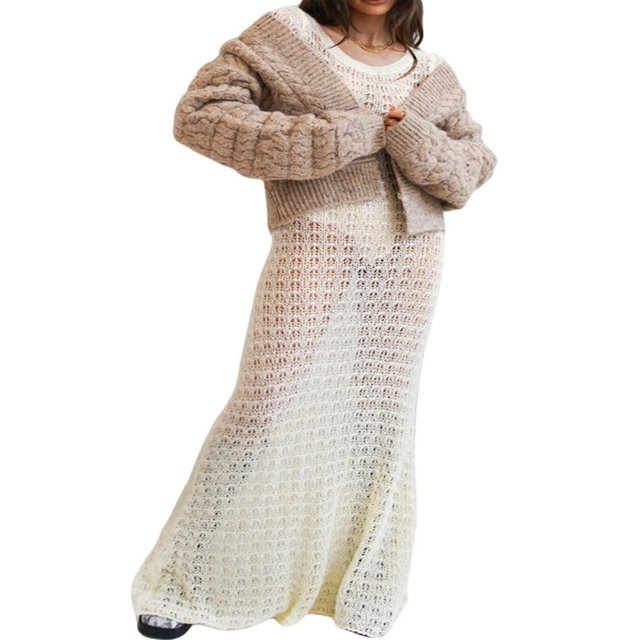 Couverture de Plage Tricotée pour les Femmes Transparentes à Travers des Robes Longues d'Une Seule Pièce