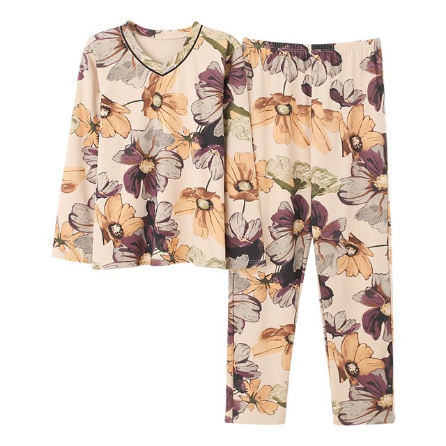REDHOTYPE Pyjama Mode Floral Fantaisie pour Femmes Printemps Automne Maman Manches Longues Coton Col Rond Ensemble Grande Taille Vêtements de Maison Automne